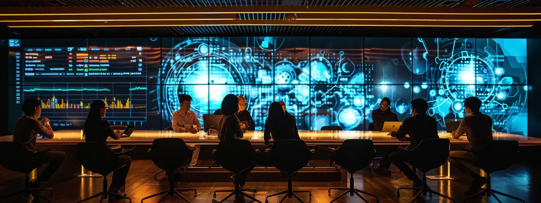 a modern, sleek office workspace is filled with illuminated digital displays showcasing vibrant analytics and engaging popup designs, while a team of diverse professionals collaborates at a polished conference table, strategizing lead generation and enhancing user experience for their marketing campaigns.