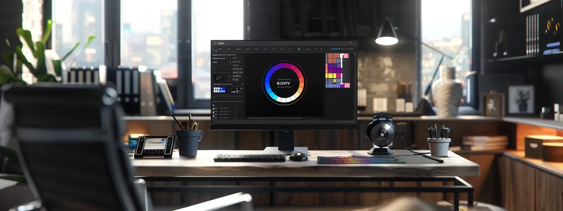 a modern, stylish office workspace showcases a sleek computer monitor displaying an eye-catching realtor logo design, surrounded by vibrant color swatches and typography samples, emphasizing creativity and professionalism in branding.