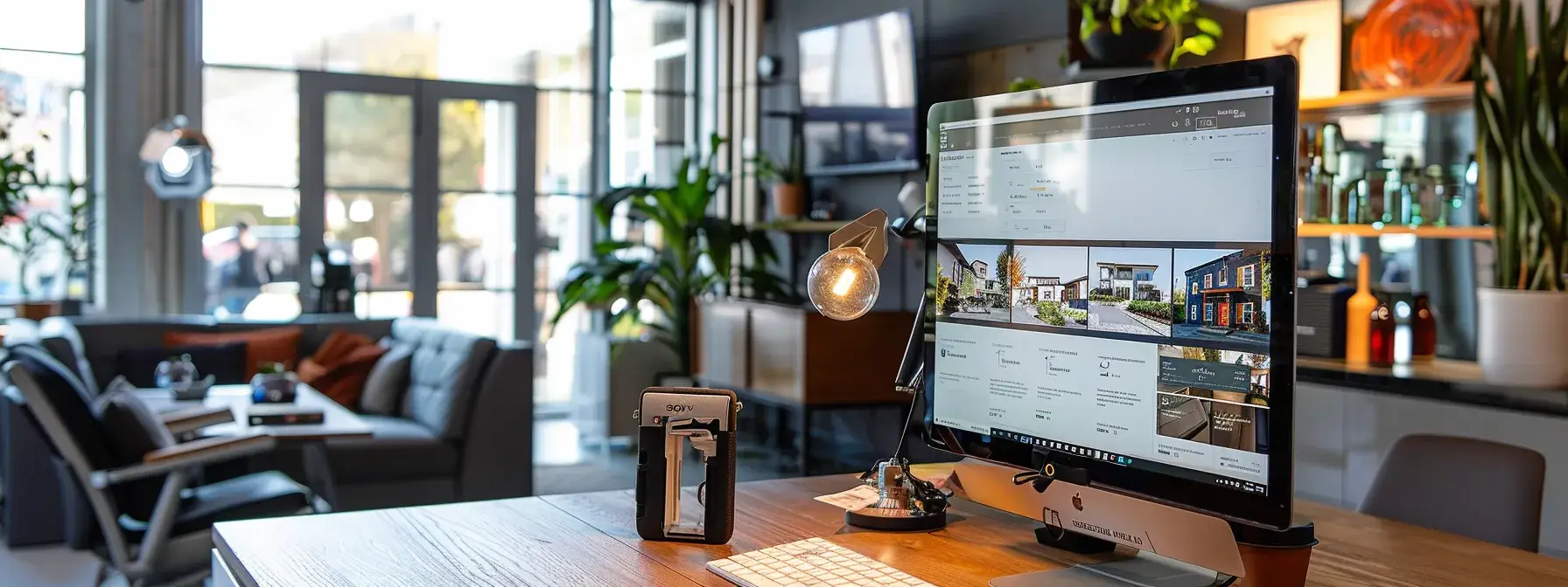 a polished office space features a sleek computer screen displaying a realtor's website, with prominently displayed privacy policy and terms pages, symbolizing the critical importance of consumer rights and legal compliance in the real estate industry.