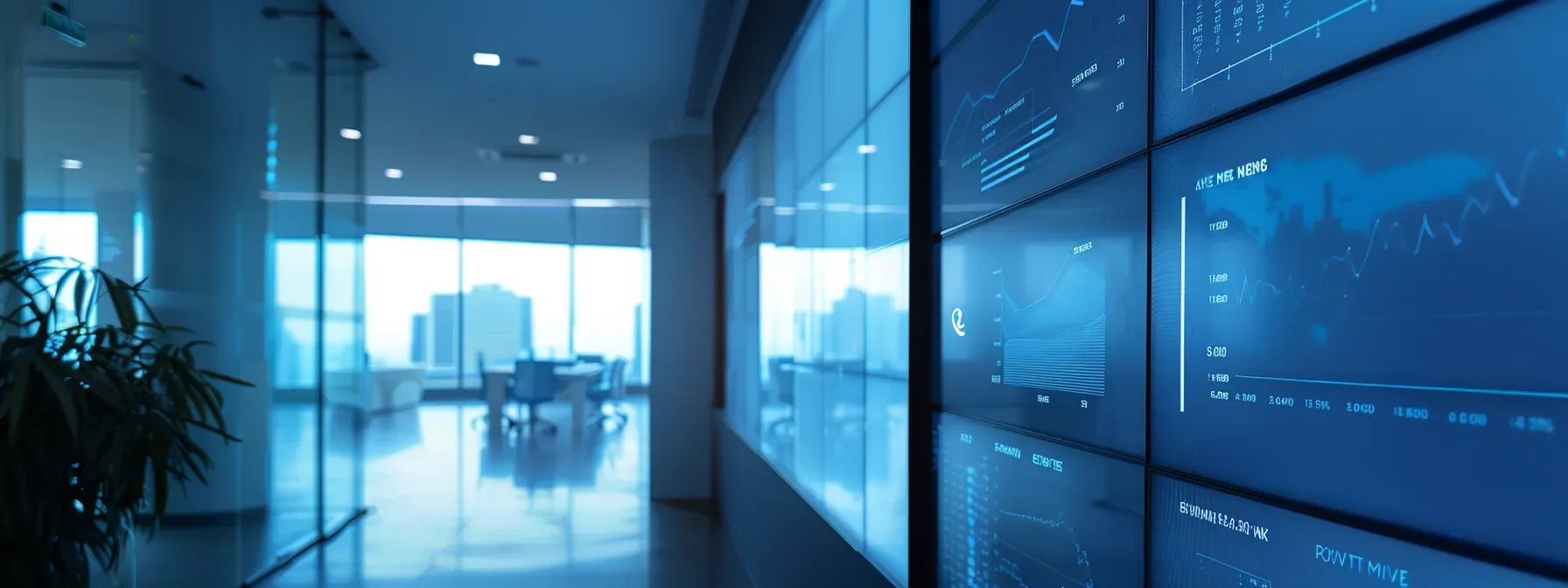 a sleek and modern office space displays a large interactive screen with dynamic property listings, complemented by a minimalist layout that highlights essential real estate data and engages investors with vibrant visuals.