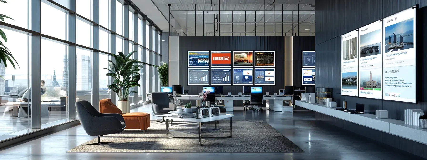 a sleek digital workspace showcases guy yarkoni analyzing vibrant website designs on a large monitor, with modern graphics highlighting property details and innovative marketing strategies, all set against a minimalist office backdrop that emphasizes professionalism and clarity.