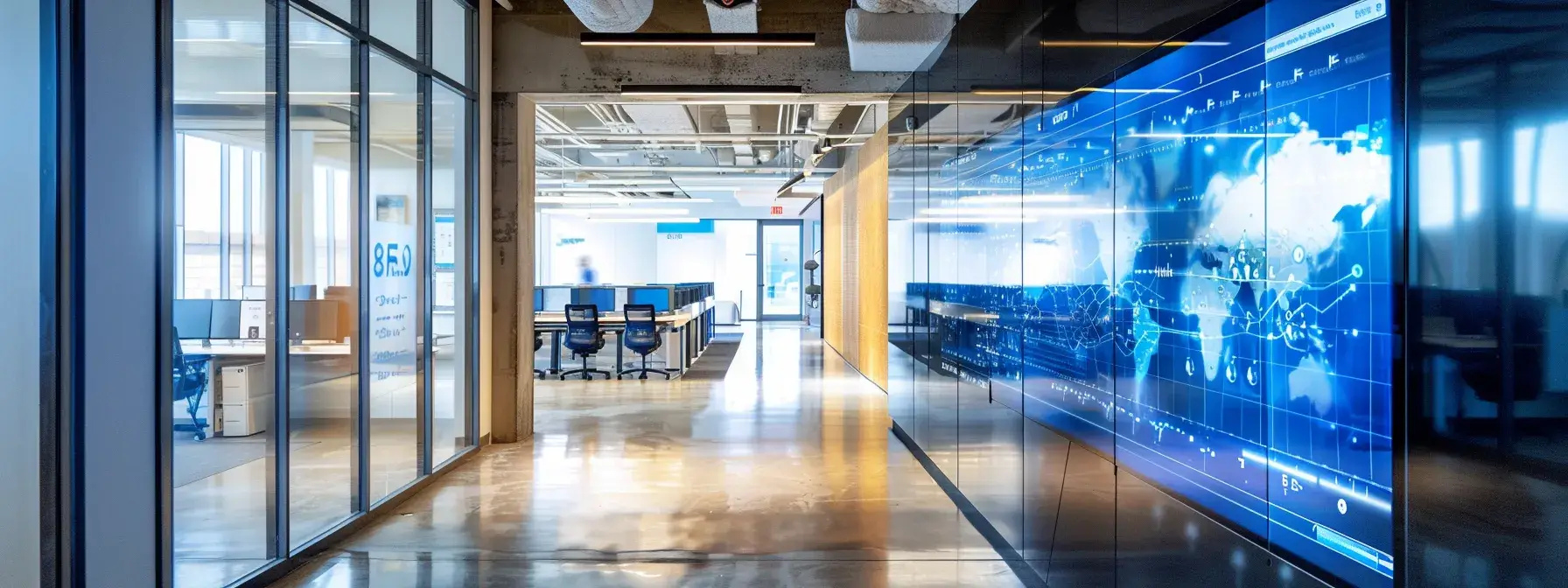 a sleek, modern office environment features digital screens displaying analytics of lead generation tools, with interactive chatbots and social media interfaces prominently showcased, reflecting the integration of smart technologies in client engagement strategies.