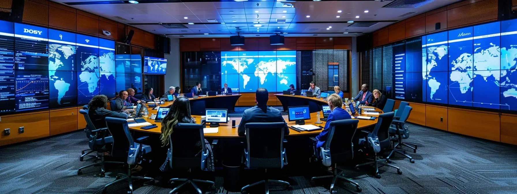 a sleek, modern office environment features a large conference table surrounded by professionals engaged in a dynamic discussion about realty website compliance, with digital displays showcasing key terms and conditions highlighted on vibrant screens.