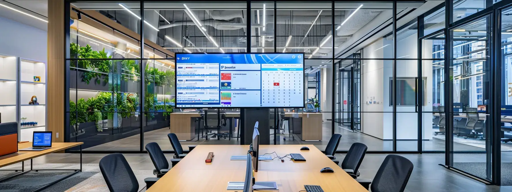 a sleek, modern office space showcases a large screen displaying a user-friendly calendar booking interface, surrounded by professional elements like a stylish desk and contemporary decor, emphasizing the seamless integration of technology in managing appointments.