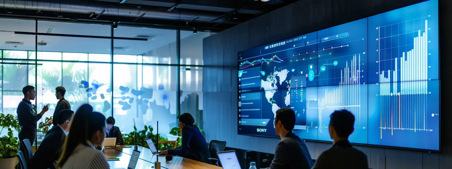 a sleek modern office space showcases a diverse group of professionals strategizing around a digital screen displaying analytics and online advertising metrics, illuminated by dynamic led lighting that emphasizes a tech-savvy atmosphere.