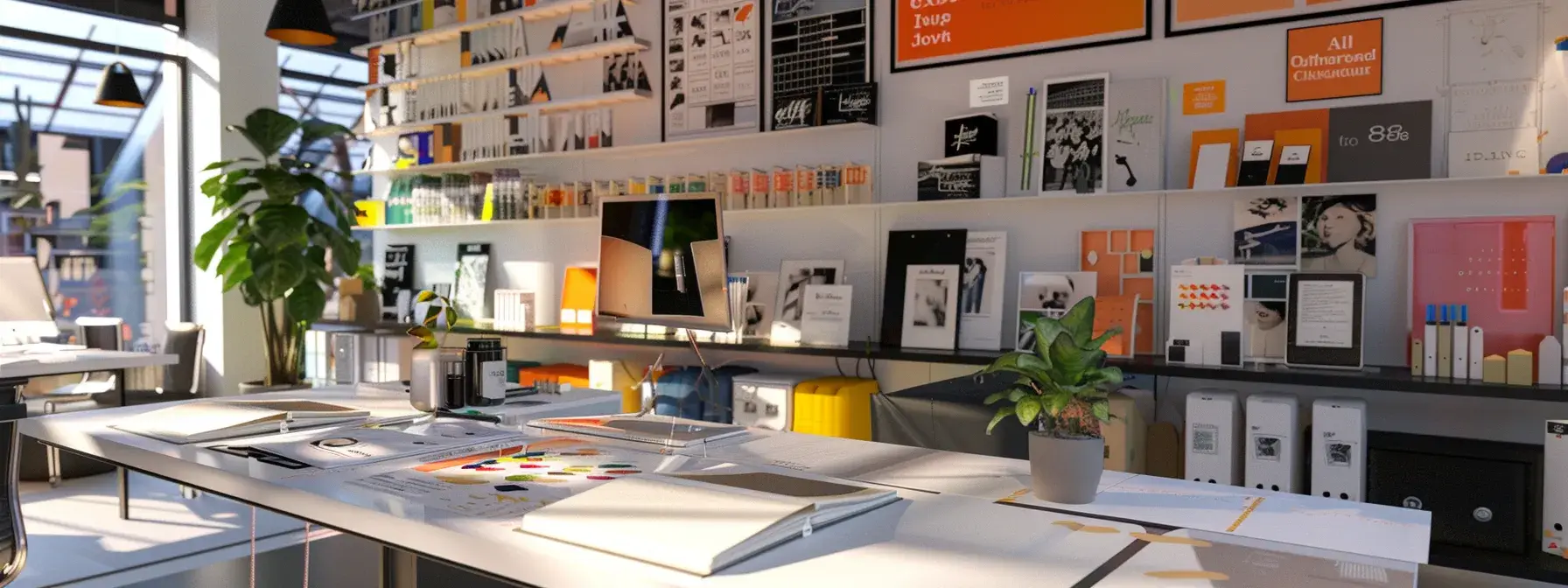 a sleek, modern office workspace features a stylish desk adorned with typography samples and design tools, showcasing a vibrant mood board filled with font combinations aimed at enhancing brand identity for real estate agents and mortgage brokers.