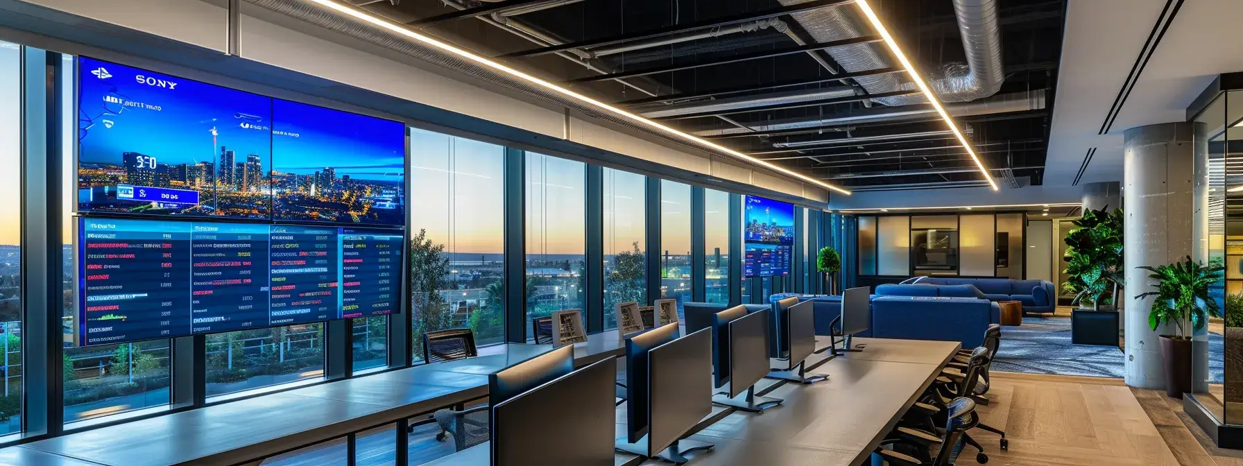 a sleek, modern office workspace showcases a large digital screen displaying dynamically updating real estate listings and market analytics, with an air of professionalism and innovation embodying the essence of automated updates.
