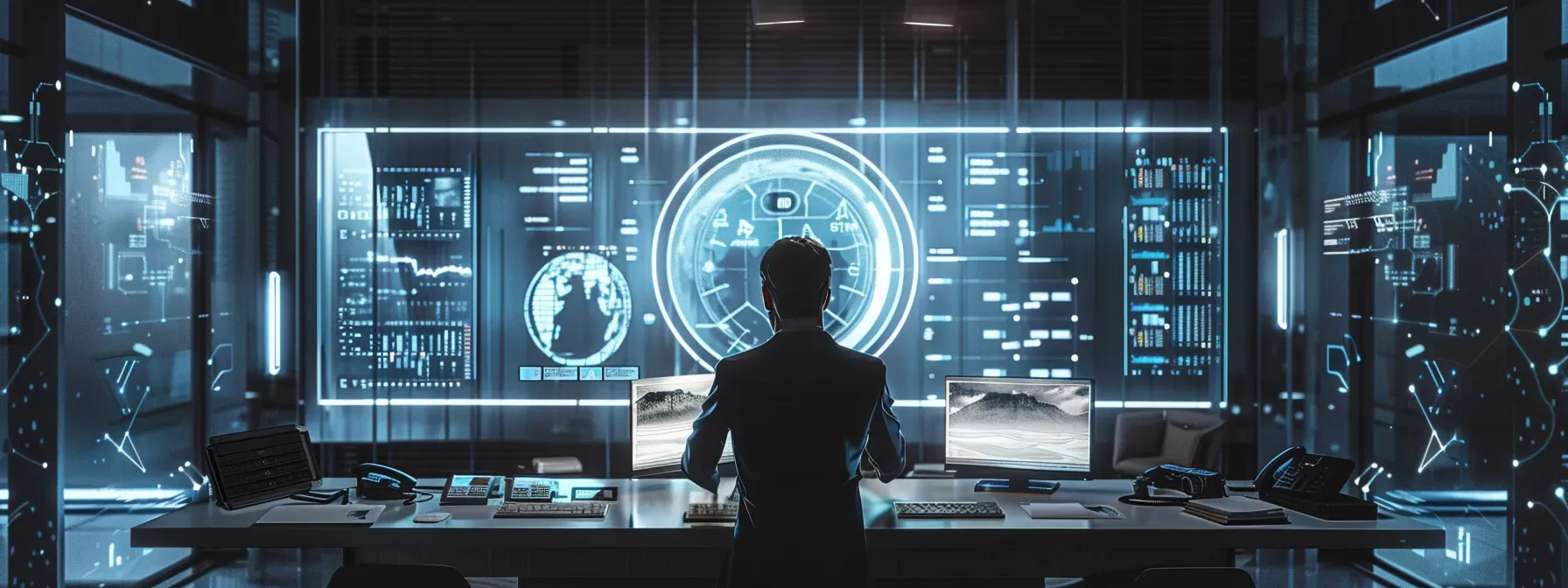 a sleek, modern office workspace features a professional real estate agent engaged in a video call on a large screen, surrounded by dynamic charts and automated email workflows, illustrating the seamless integration of email automation and sms marketing in enhancing client engagement.