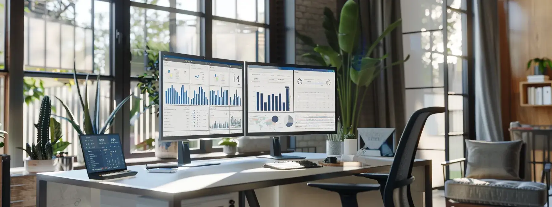 a sleek, modern office workspace equipped with multiple computer screens displaying crm dashboards and automation tools, highlighting a busy real estate agent expertly managing client leads and maximize productivity in a sharp, professional ambiance.