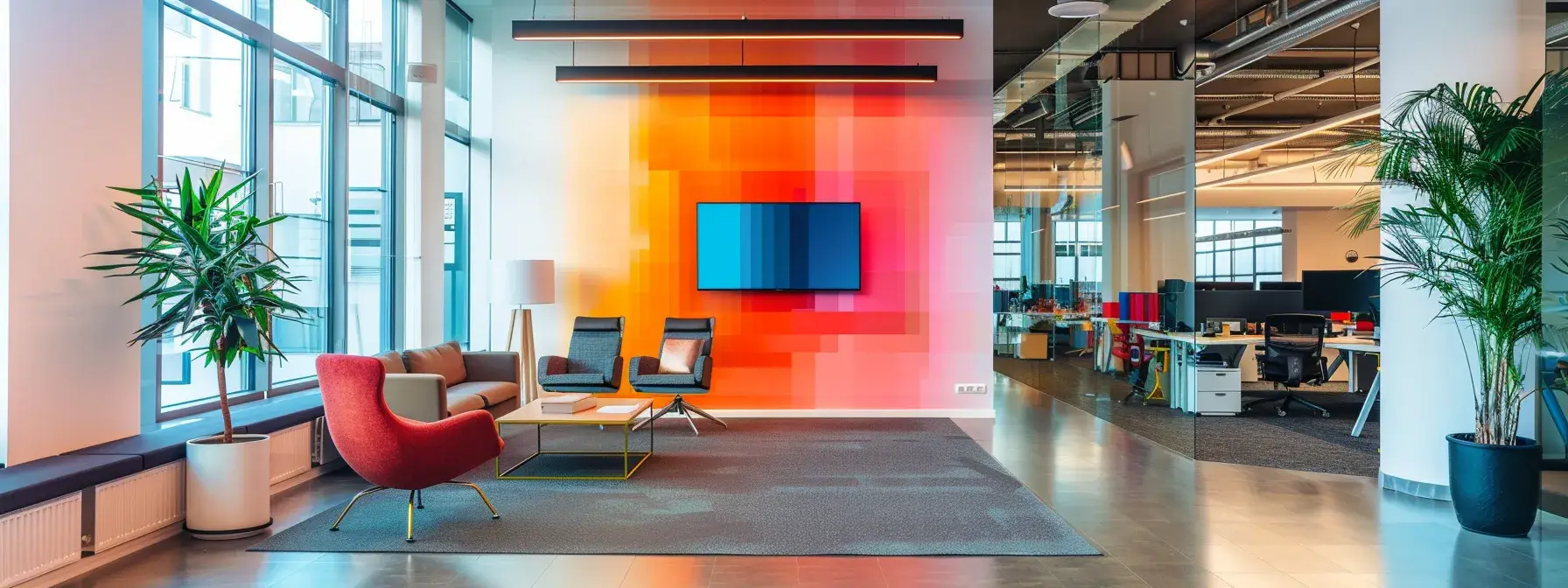 a sleek, modern office workspace showcases an expansive color palette on a digital screen, emphasizing the correlation between vibrant hues and brand identity in real estate marketing, with thoughtfully arranged design materials highlighting color theory in an engaging, professional atmosphere.