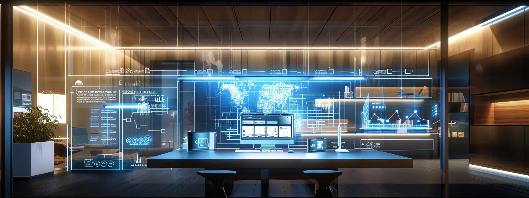 a sleek, modern office workspace features a computer screen displaying an intricate diagram of a realtor website interface seamlessly integrating with a crm system, illuminated by bright, focused lighting that highlights the digital tools and plugins on the desk.