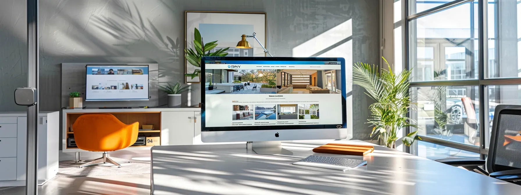 a sleek, modern office workspace showcases a vibrant real estate website displayed on a large monitor, highlighting a clean layout with bold property images and intuitive navigation features.