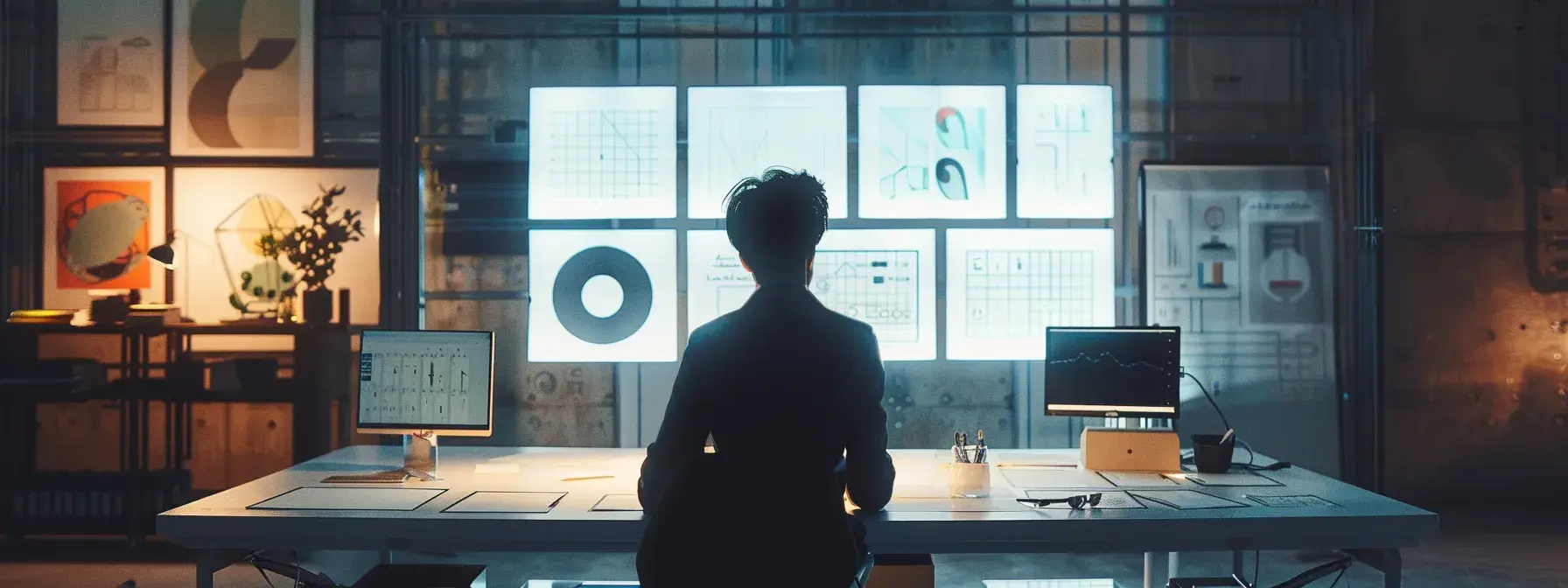 a sleek, modern office workspace features a minimalist design table with multiple logo drafts arranged neatly, showcasing a balance of simple typography and visual clarity, while a focused designer examines them on a large screen illuminated by bright, artificial lighting.