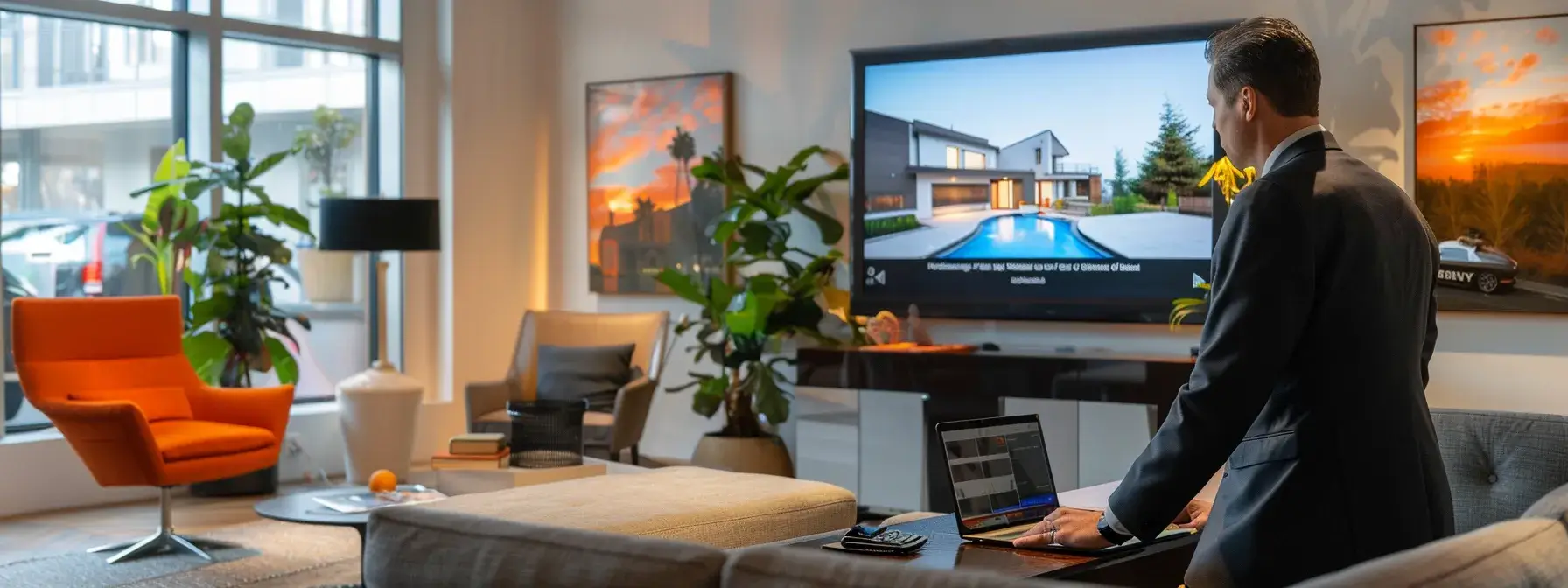 a sleek, modern real estate office showcases a large monitor displaying an engaging virtual property tour, while a professional realtor interacts with clients over a laptop, creating a vibrant and dynamic atmosphere of video marketing in action.