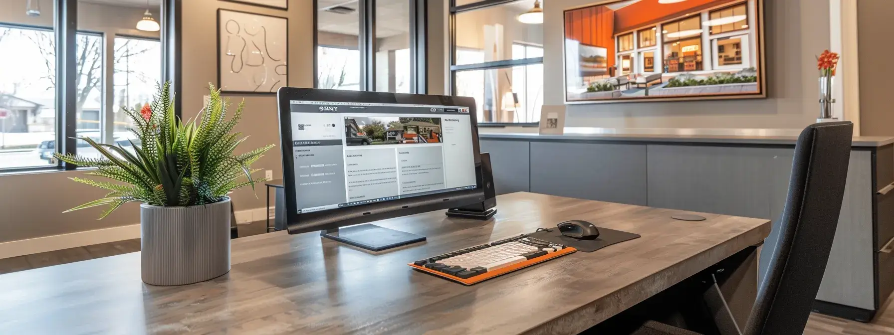 a sleek, modern real estate office setup, featuring a user-friendly computer screen displaying a vibrant realtor website optimized for appointment scheduling, set against a backdrop of minimalist decor and warm, inviting lighting.