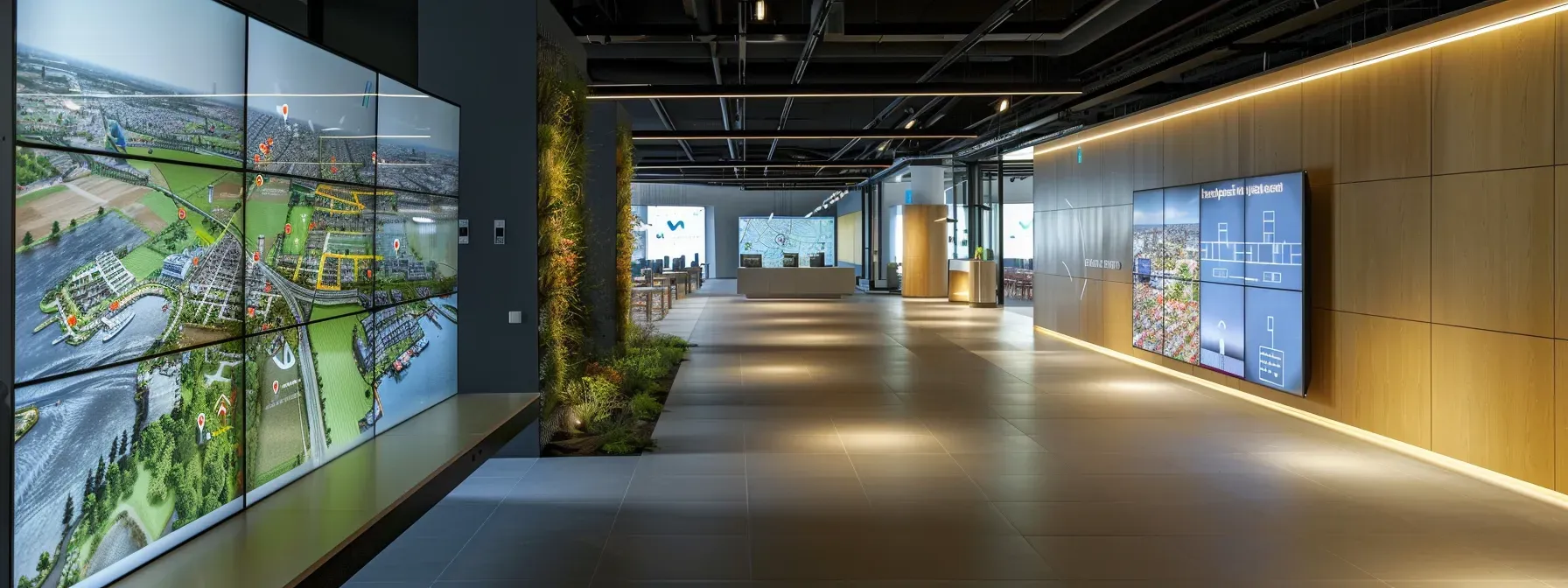 a sleek office environment showcases a large digital screen displaying vibrant, interactive maps, highlighting various properties with colorful markers and seamless navigation features, emphasizing modern technology and user-friendly design in real estate.