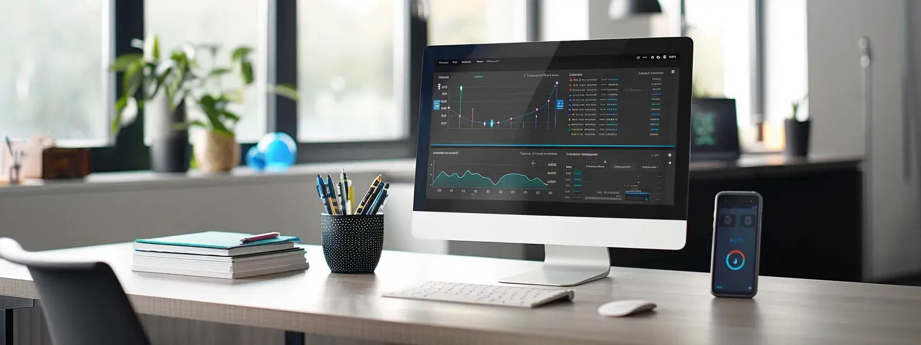 a sleek office interior highlights a modern digital dashboard displaying automated appointment scheduling analytics, showcasing a seamless blend of technology and client satisfaction through streamlined interfaces and integrated calendars.
