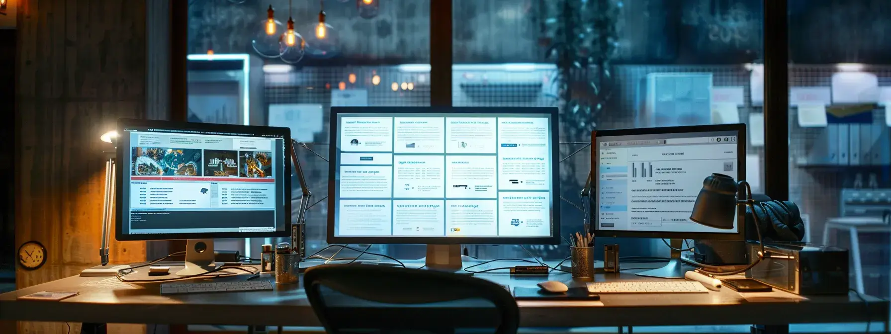 a sleek office workspace features a computer screen displaying a polished website interface, with open tabs showing a regularly updated privacy policy and terms page, illuminated by warm, focused lighting that enhances a professional and secure atmosphere.