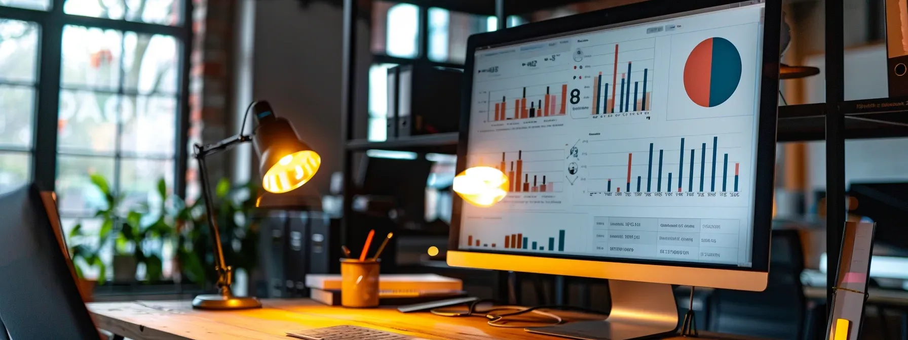 a sleek office workspace showcases a large digital display illustrating dynamic community engagement statistics, with modern web design elements prominently featuring a parallax effect to emphasize interactivity and connection.