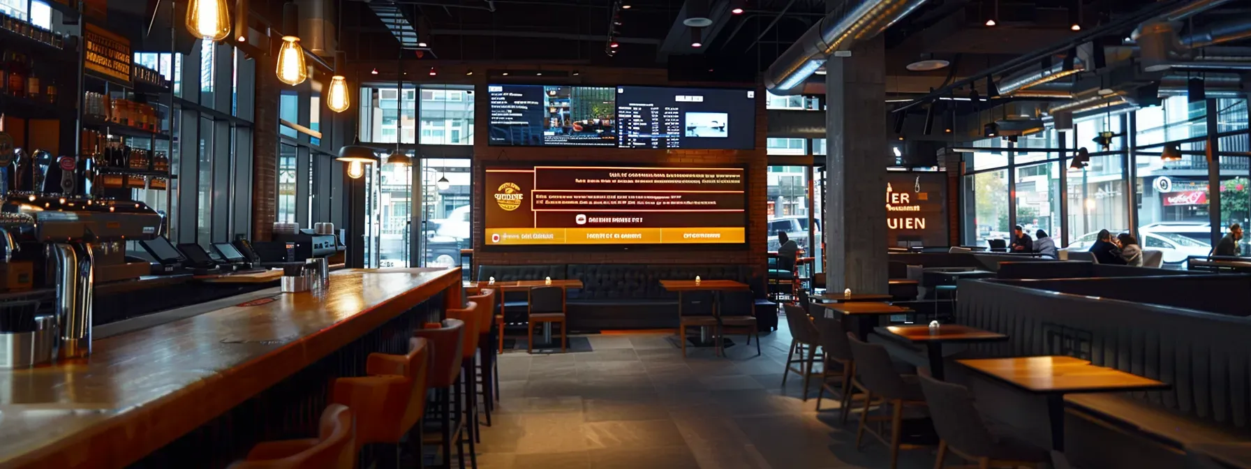a sleek, well-designed office space features a prominent digital display showcasing vibrant testimonials and client success stories, emphasizing the professionalism and credibility of a trusted realtor in a bustling urban setting.