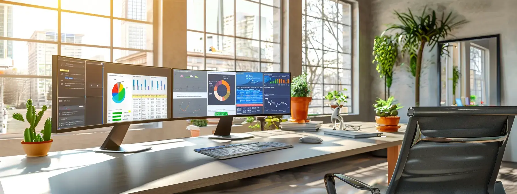an elegant modern office featuring a sleek desk with dual monitors displaying colorful crm software dashboards, surrounded by real estate brochures and strategic planning materials, illuminated by bright ambient lighting to emphasize a professional atmosphere.