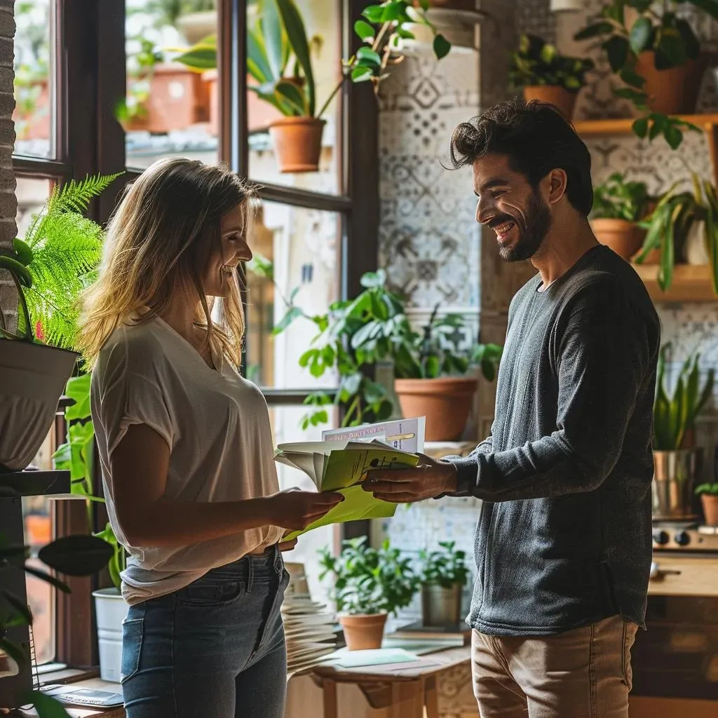 Landlord receiving rent payments from a tenant in a well-maintained rental property