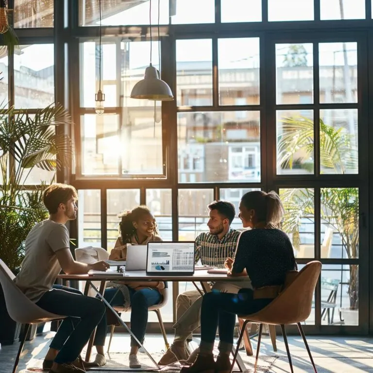 Group discussion on commercial real estate investment in a modern office
