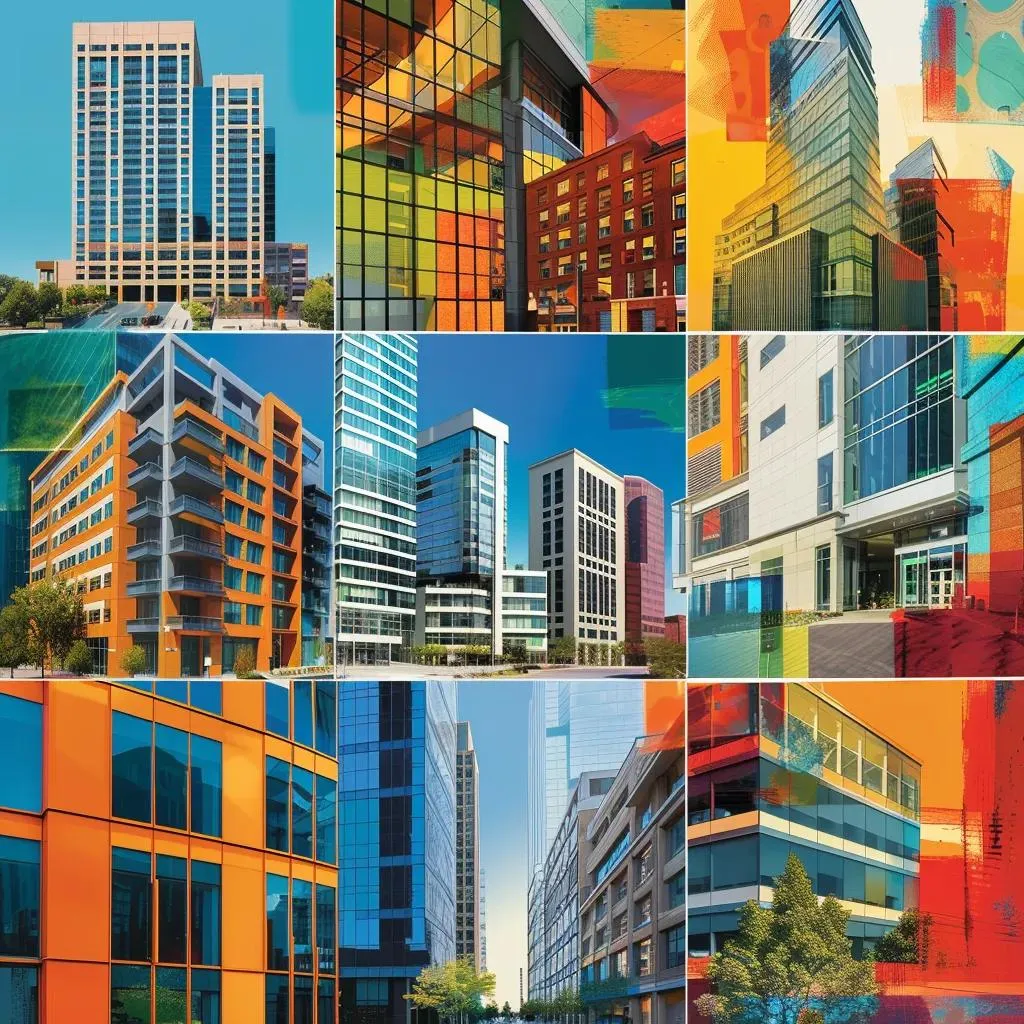 Collage of different types of commercial properties including office, retail, and industrial