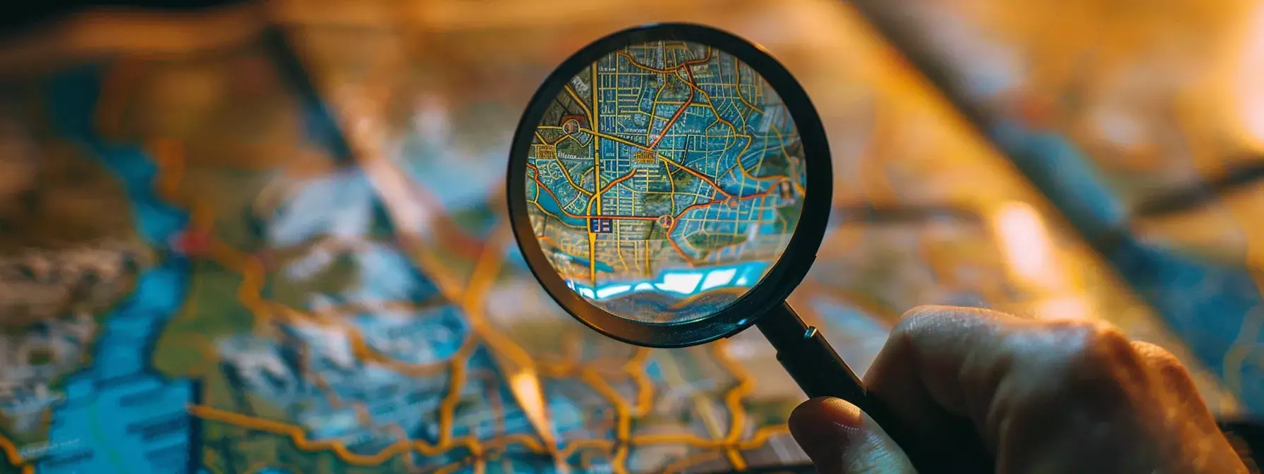 a person holding a magnifying glass over a map, with vibrant, targeted keywords highlighted for local seo research.