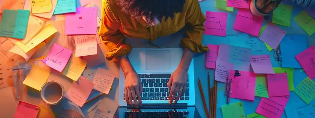 a person typing on a laptop, surrounded by colorful sticky notes with various keywords written on them.