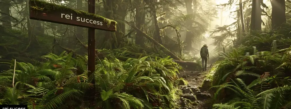 a hiker discovering a hidden trail in a lush forest with a signpost pointing to 