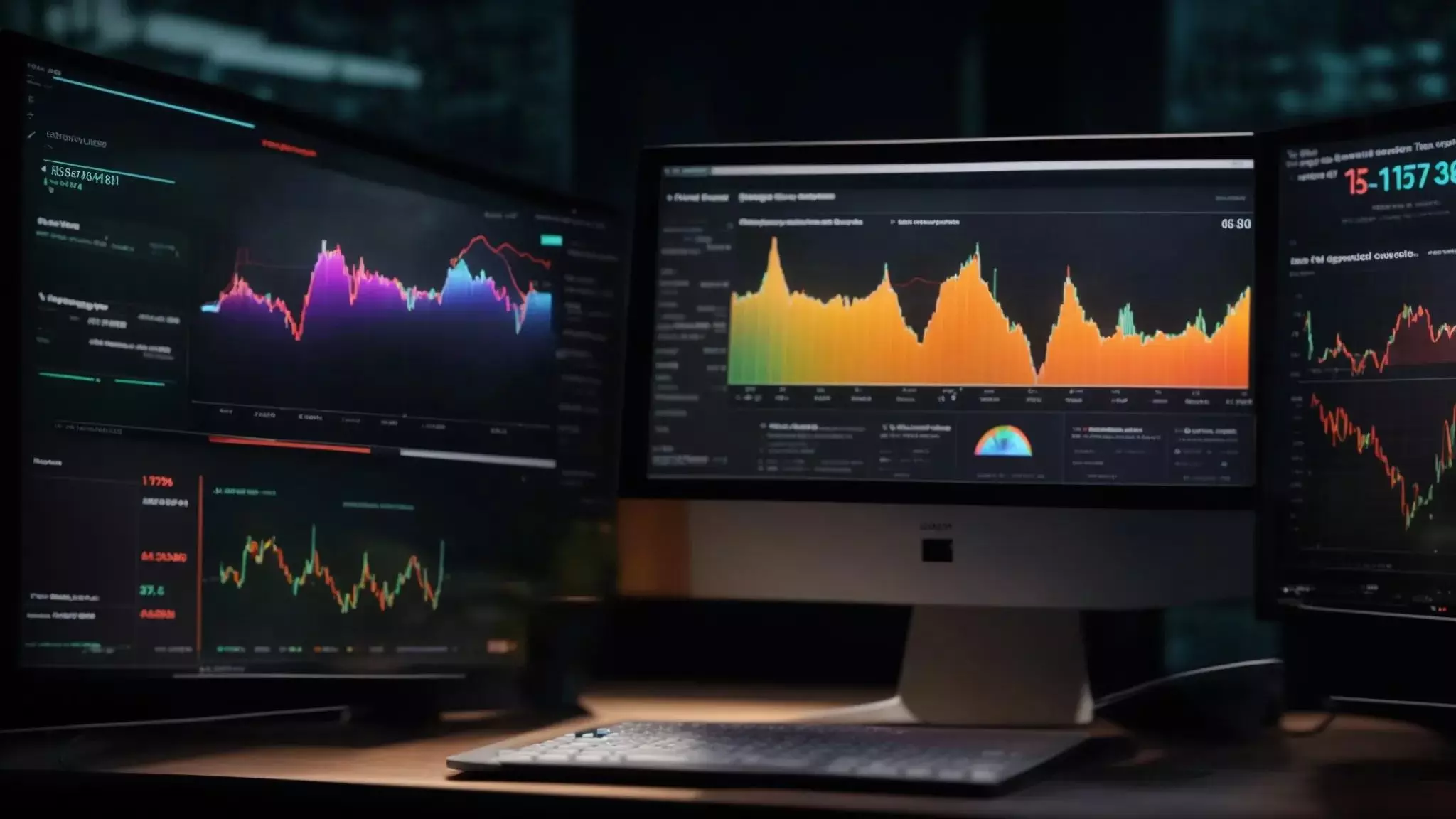 a captivating high-angle shot of a glowing computer screen displaying a dynamic google analytics dashboard, surrounded by a darkened room that emphasizes the vibrant colors and data insights, showcasing the theme of discovering backlinks effortlessly.