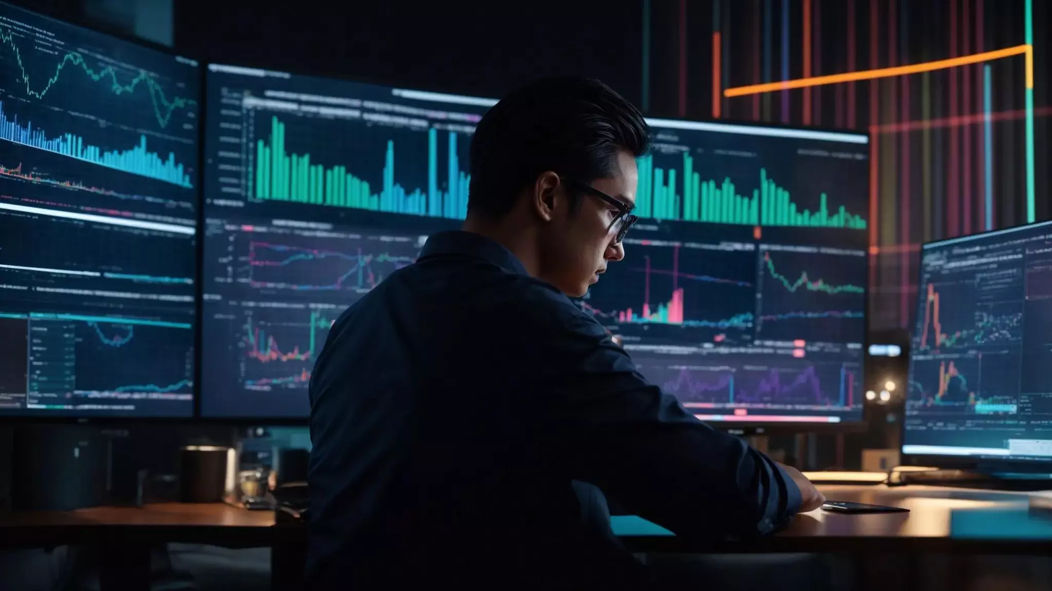 a captivating scene of a data analyst surrounded by vibrant, glowing graphs and charts on a sleek desktop, symbolizing the importance of seo analysis in navigating the digital landscape.