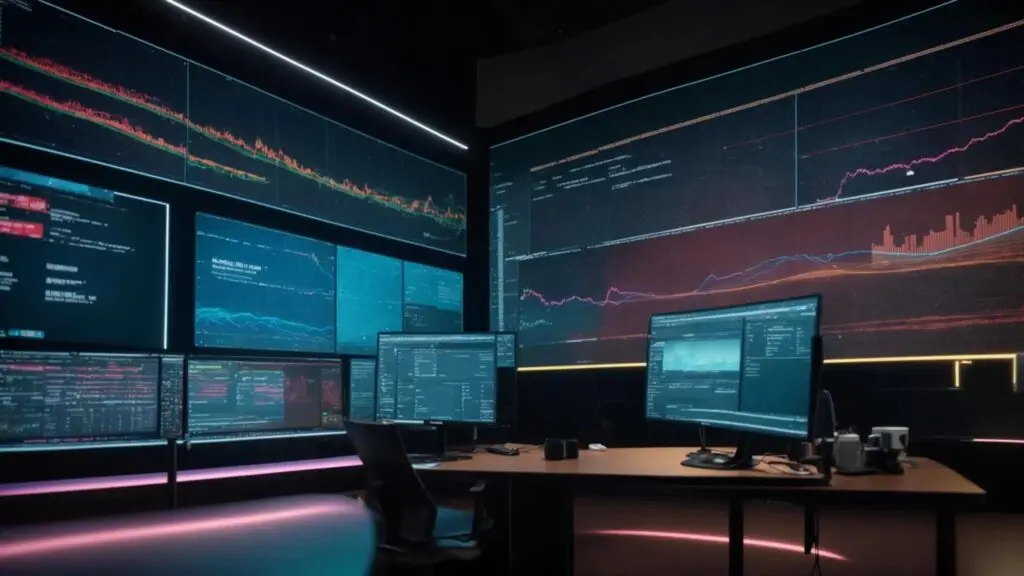 a dynamic workspace filled with vibrant digital screens displaying graphs and analytics, illustrating the effective use of ai tools for seo optimization under bright, focused lighting.