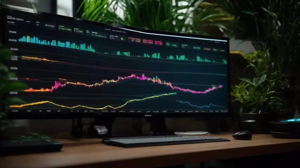 a dynamic workspace with a glowing computer screen displaying a colorful graph of keyword density metrics, surrounded by vibrant plants, that emphasizes the importance of effective seo strategies.