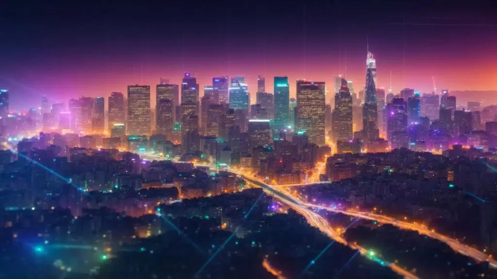 a vibrant city skyline illuminated at dusk, with colorful heatmap overlays prominently displaying localized seo data and market trends, symbolizing the dynamic interplay between technology and urban business growth.