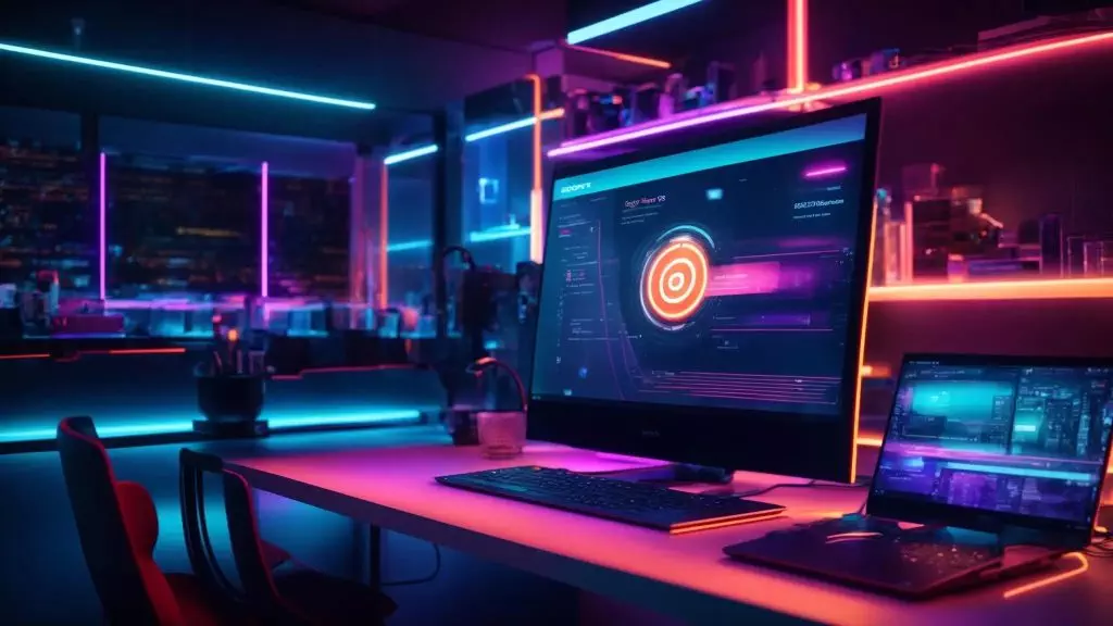 a vibrant, futuristic workspace featuring a sleek computer screen displaying an array of seo chrome extension icons, illuminated by dynamic neon lighting, symbolizing the quest for enhanced online visibility in 2025.