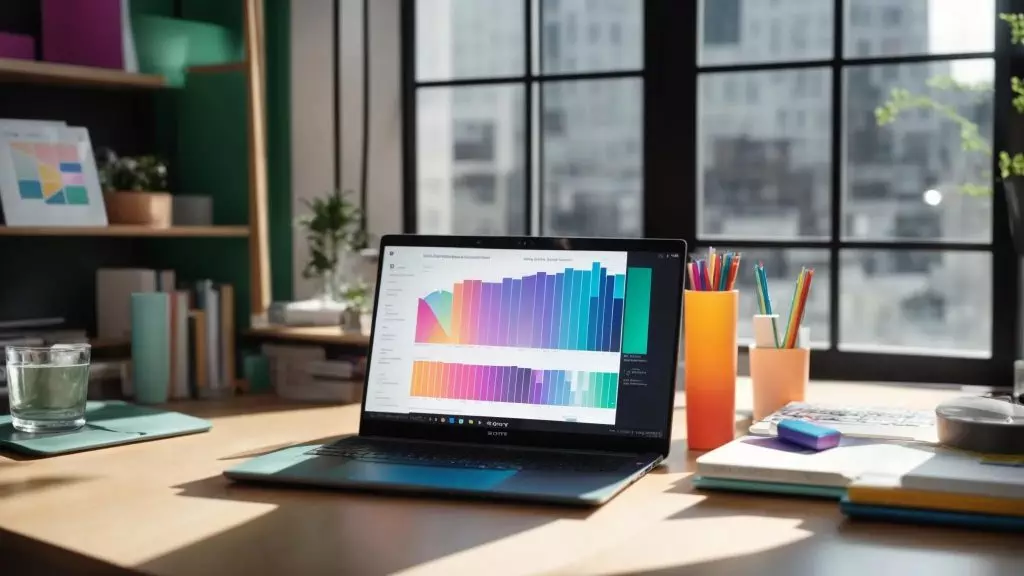 a vibrant, modern workspace featuring a sleek laptop displaying analytical charts and graphs, surrounded by colorful stationery and digital devices, bathed in bright, natural light to symbolize the dynamic process of mastering seo analysis.