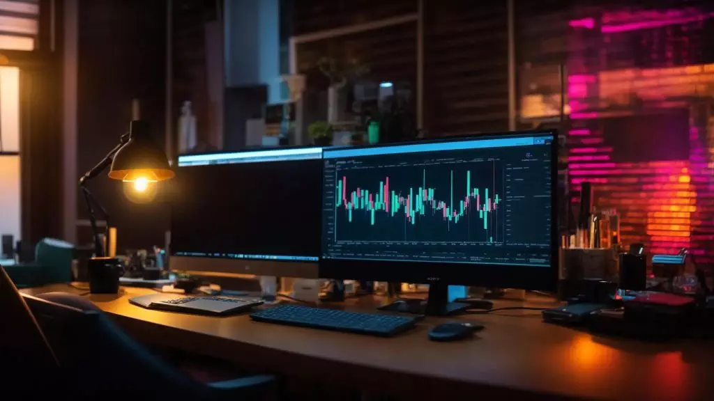 a visually captivating scene of a vibrant seo-focused workspace, featuring a glowing computer screen displaying a keyword analysis graph amidst a backdrop of organized notepads and colorful highlighters, all illuminated by warm, focused lighting.