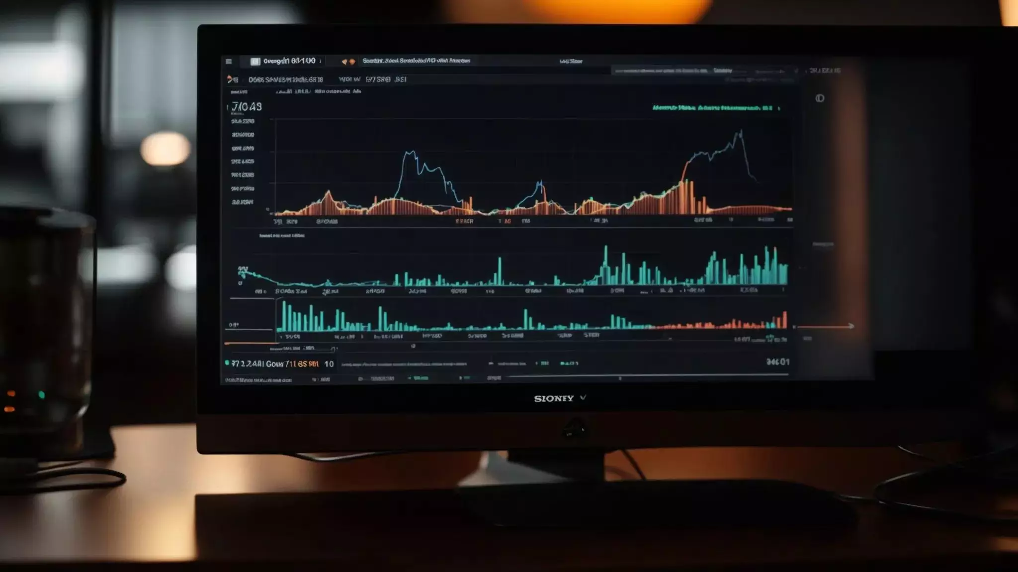 a visually striking close-up of a glowing computer screen displaying dynamic graphs and metrics, symbolizing the discovery and analysis of backlinks in google analytics.