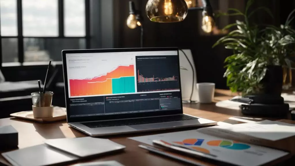 a dynamic workspace filled with vibrant charts and graphs, illuminated by soft, natural light, showcasing a digital brainstorming session focused on innovative white label keyword research strategies for unlocking success.