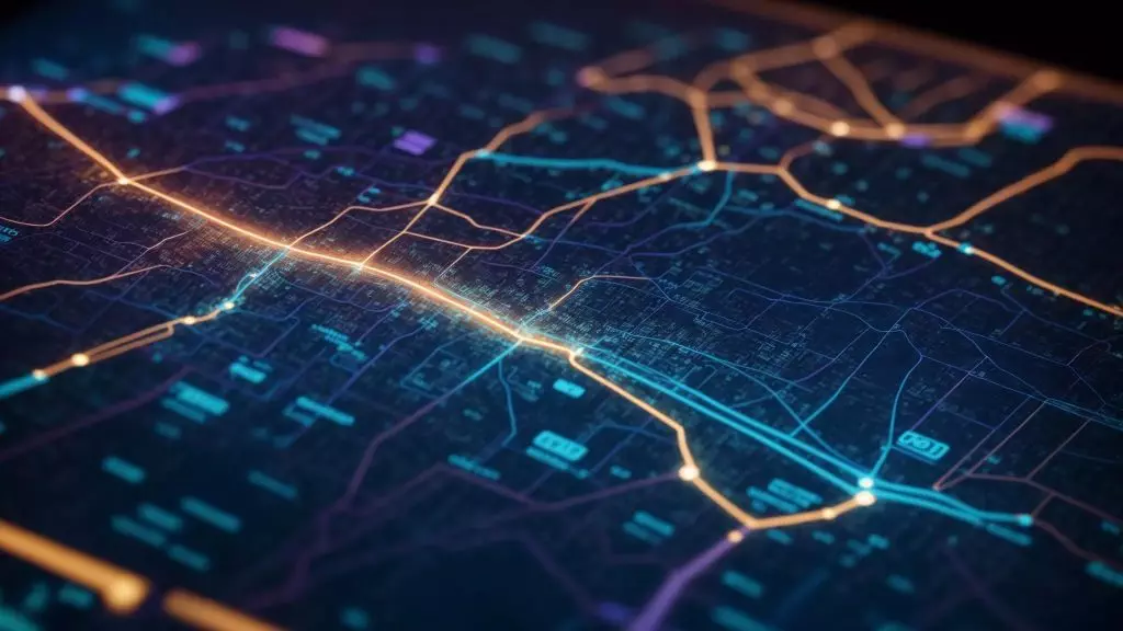 a vibrant and intricate internal linking map sprawls across a sleek digital interface, illuminated by soft, ambient lighting that highlights the connections and pathways of an advanced seo strategy.