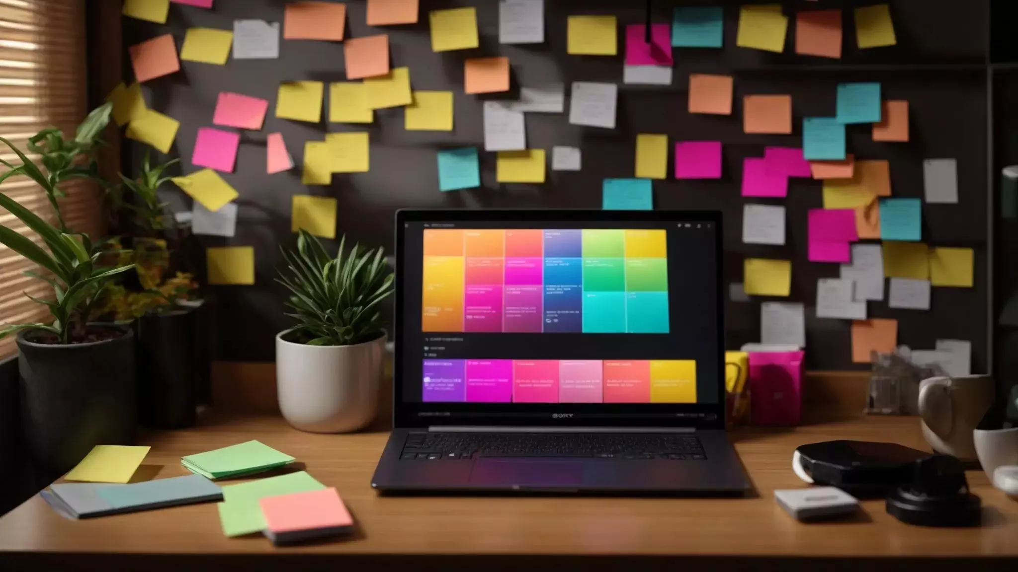 a vibrant, dynamic workspace featuring a sleek laptop with an open wordpress dashboard, surrounded by colorful sticky notes and a notepad filled with bold keywords, illuminated by soft, warm lighting that inspires creativity and focus.