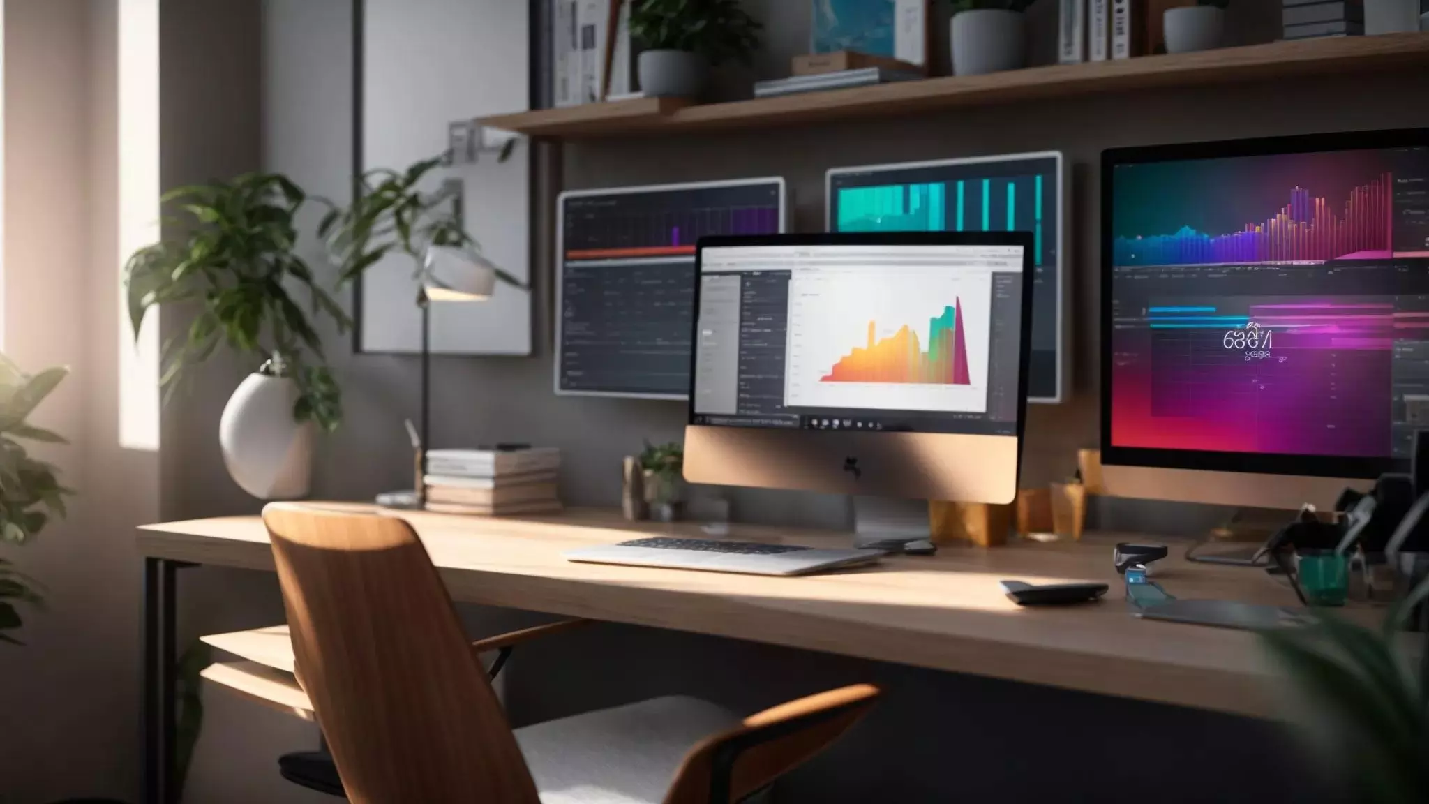 a vibrant workspace illuminated by soft natural light, showcasing an organized desk adorned with a sleek laptop, colorful charts, and seo content writing tools, embodying the essence of modern digital marketing in 2025.