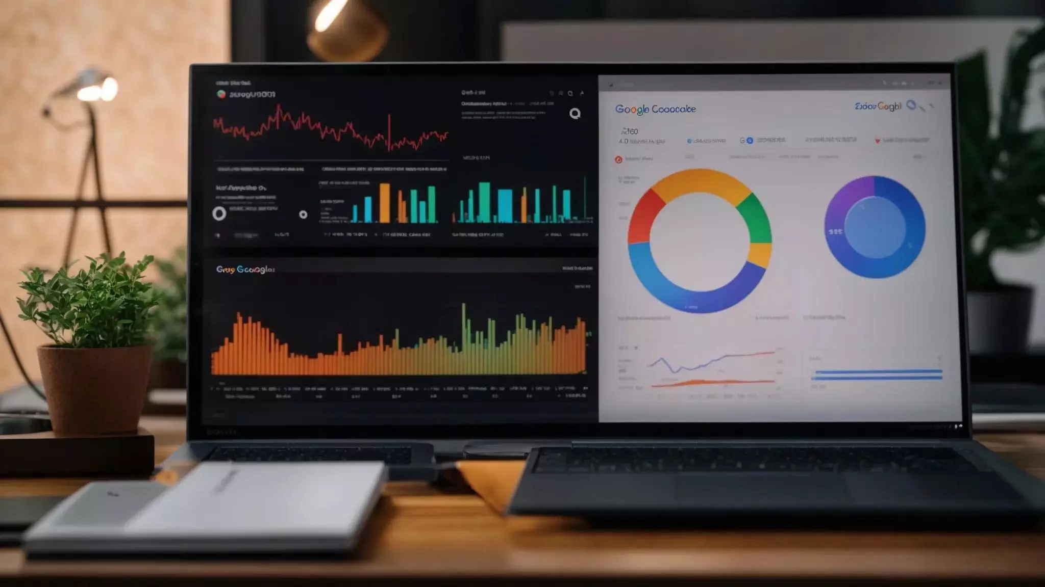 a vivid close-up of a computer screen displaying google search console, glowing with colorful analytics and charts, surrounded by a sleek modern workspace illuminated by soft, natural light.