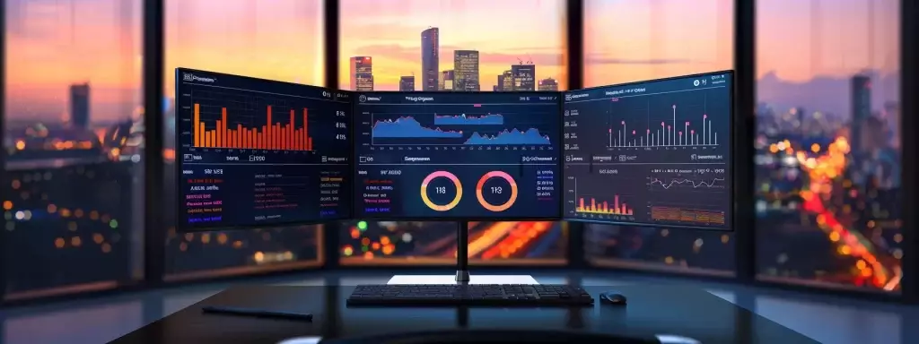 a sleek, modern digital dashboard displaying vibrant graphs and analytics, symbolizing fast website performance for realtors against a backdrop of a bustling city skyline at sunset.