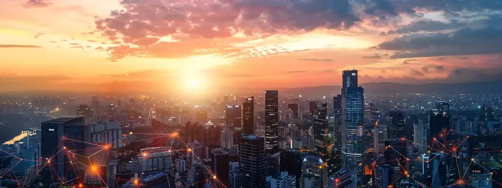 a vibrant, interconnected city skyline at sunset, symbolizing the dynamic networks and relationships forged through social media in the real estate industry.