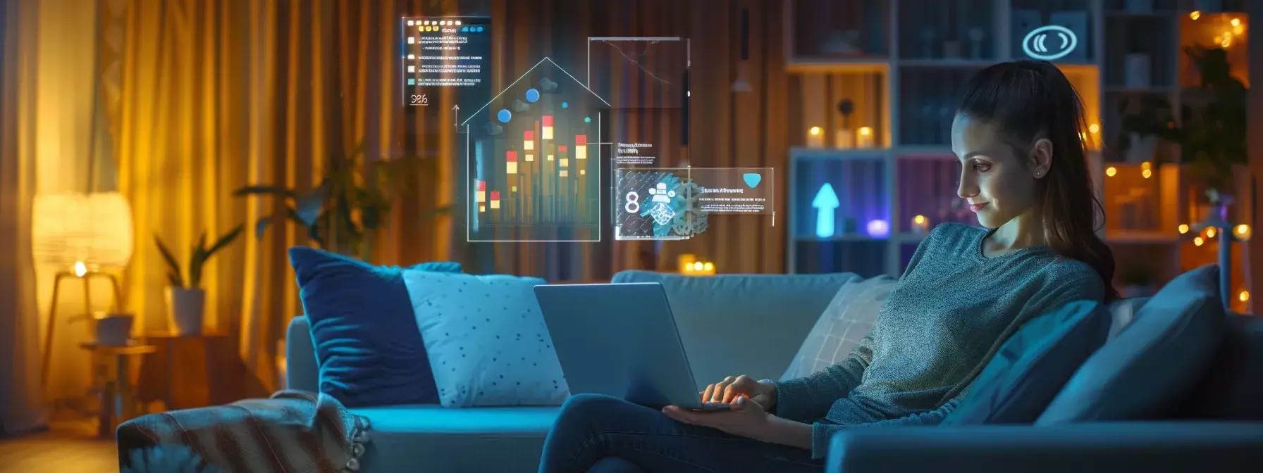 a vibrant real estate agent confidently presents a laptop displaying a haro interface, surrounded by glowing graphs and statistics, symbolizing the powerful connection between experts and media outlets.