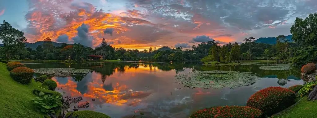 a vibrant sunset casts golden hues over a tranquil lake, reflecting the colorful sky and surrounding lush greenery for a serene, picturesque landscape.