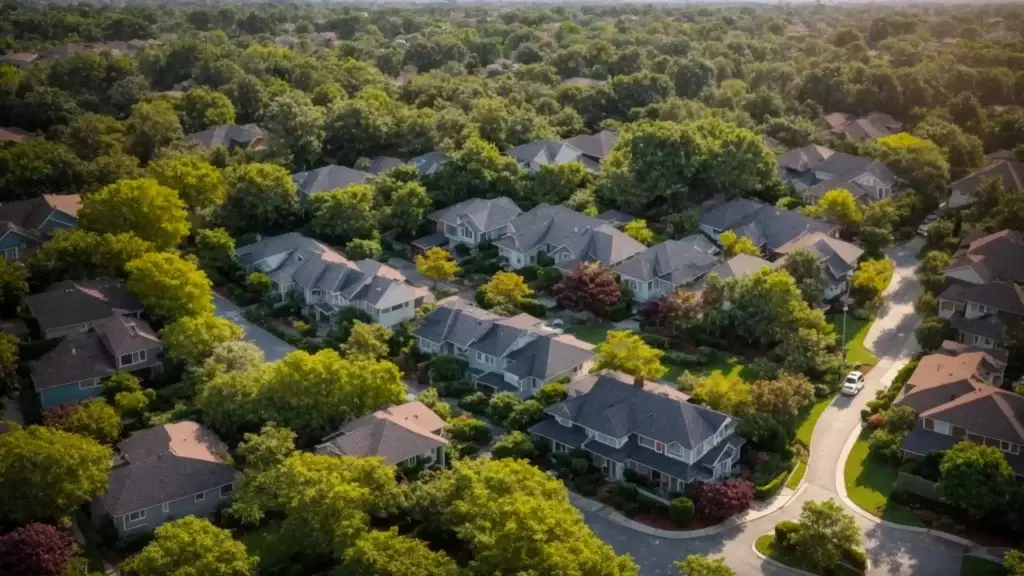 a breathtaking aerial view of a vibrant, thriving neighborhood dotted with lush green trees and well-maintained homes, capturing the essence of a flourishing real estate market.